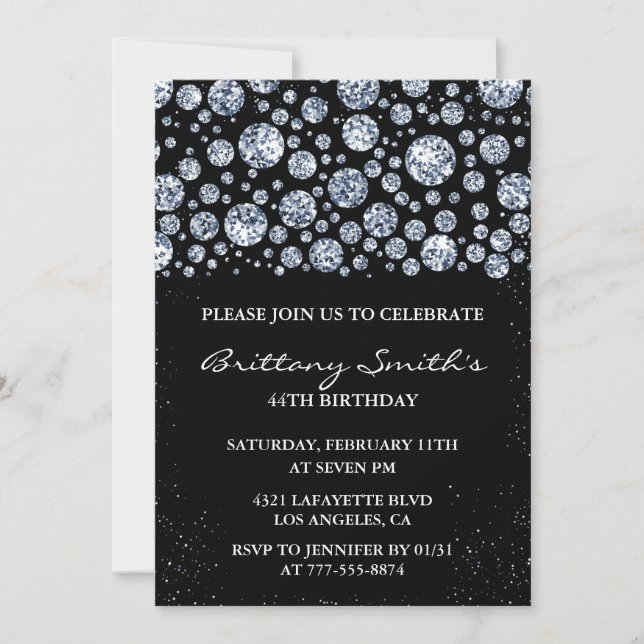 Invitación Destello de diamante brillo negro cumpleaños 44  (Anverso)