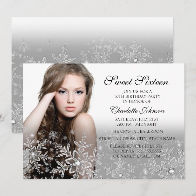 Invitación Destello de Plata Copo de Nieve Foto Dulces 16 (Anverso / Reverso)