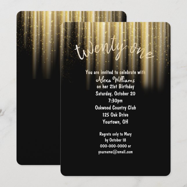 Invitación destello de sol dorado cumpleaños 21 (Anverso / Reverso)