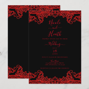 Invitación Destello Rojo Brillo Encaje Negro Elegante Boda