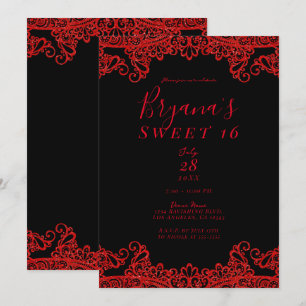 Invitación Destello Rojo Brillo Encaje Negro Fiesta Dulces 16