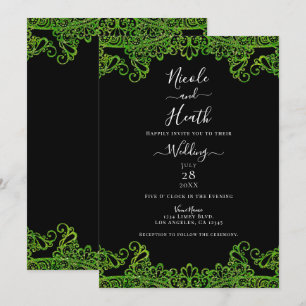Invitación Destello Verde Lima Glitter Encaje Negro Boda