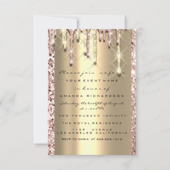 Invitación Destellos 3D Drips Rosa Boda Dulces 16º Dorado (Anverso)