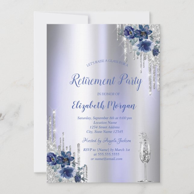 Invitación Destellos Brillantes,Flores Azules Violeta Jubilac (Anverso)