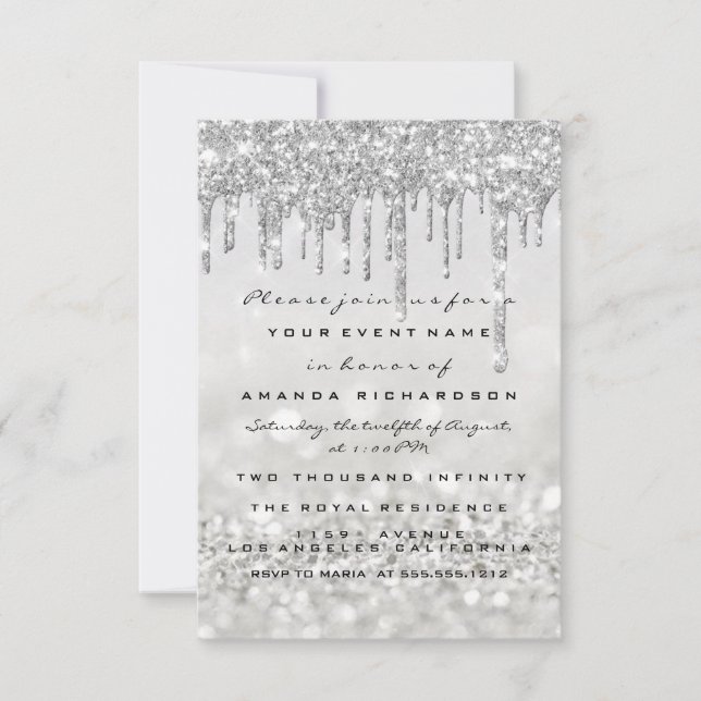 Invitación Destellos Brillo Gris Plateado Boda Dulces 16  (Anverso)