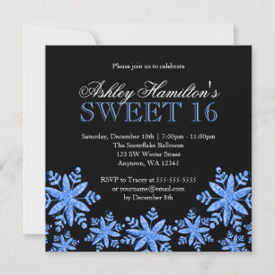 Invitación Destellos Copos de Nieve Azul Dulces 16 Invierno M