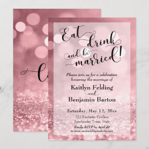 Invitación Destellos de Bokeh en Rosa Dorado Come, Bebe y Cás