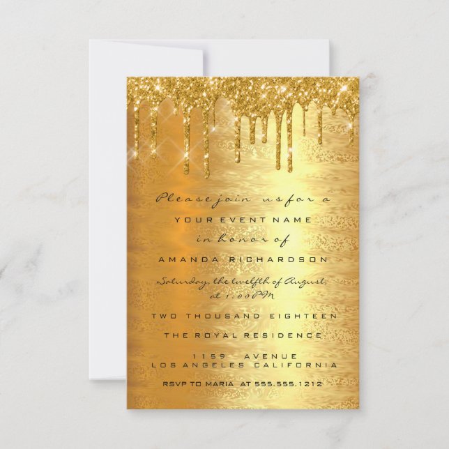 Invitación Destellos de Oro Brillante Goteo Formal Boda Elega (Anverso)