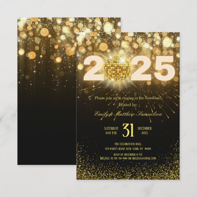 Invitación Destellos de Oro Elegantes | Fiesta de Nochevieja  (Anverso / Reverso)