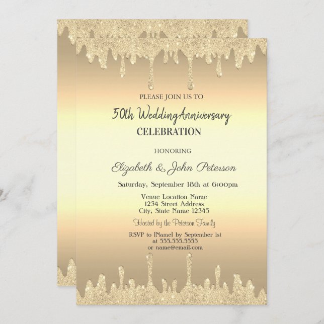 Invitación Destellos de Oro Goteo Aniversario de Boda de Oro (Anverso / Reverso)
