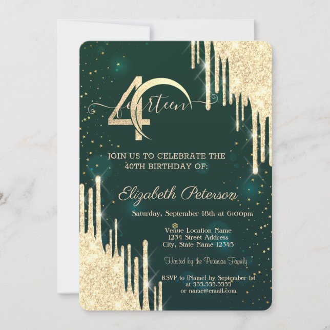 Invitación Destellos de Oro que Caen Verde Cumpleaños 40 (Anverso)