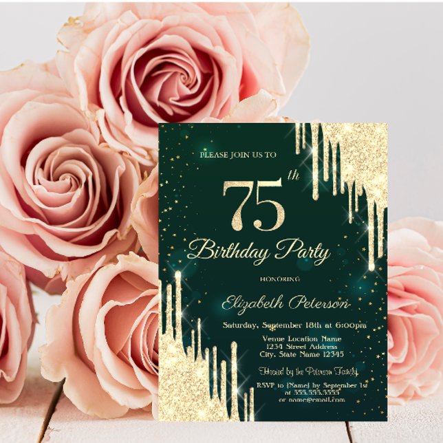 Invitación Destellos de Oro que Caen Verde Cumpleaños 75 (Subido por el creador)