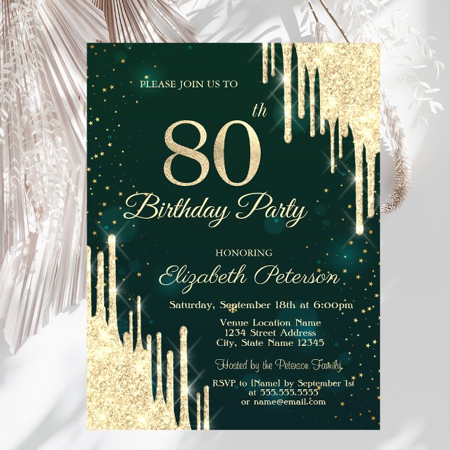Invitación Destellos de Oro que Caen Verde Cumpleaños 80 (Subido por el creador)