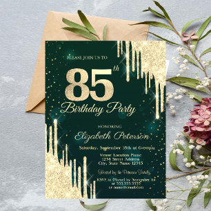 Invitación Destellos de Oro que Caen Verde Cumpleaños 85