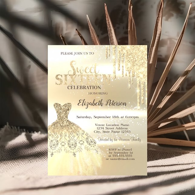 Invitación Destellos de Oro que Gotean, Vestido Dulce 16 (Subido por el creador)