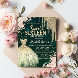 Invitación Destellos de oro, vestido, verde floral dulces 16