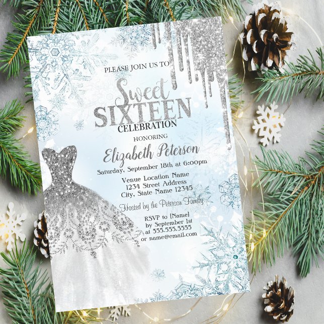 Invitación Destellos de plata, copos de nieve dulces 16 (Subido por el creador)