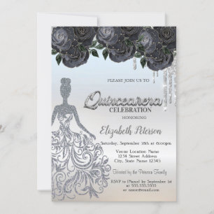 Invitación Destellos de plata gotean Rosas Negras Dulces 16