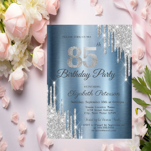 Invitación Destellos de Plata Goteo Azul Metálico 85 Cumpleañ