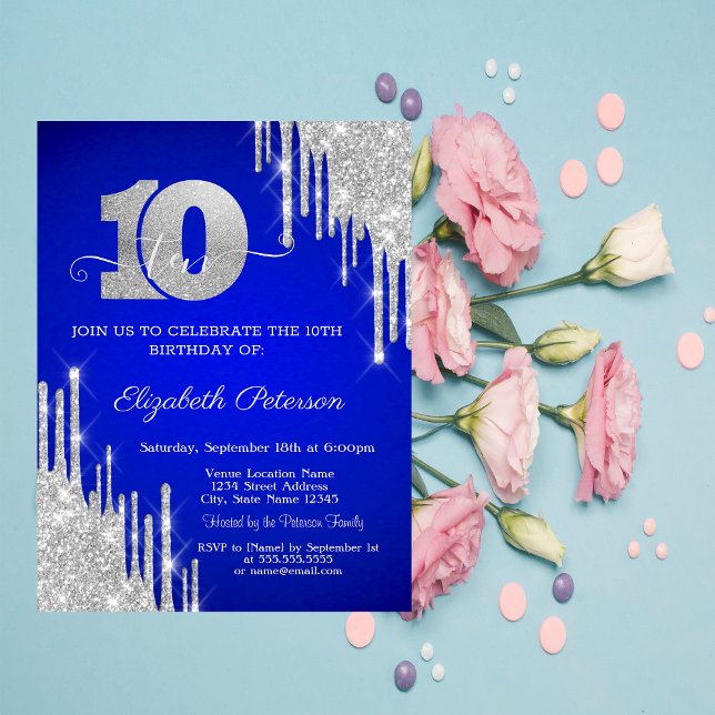 Invitación Destellos de Plata Goteo Azul Real Cumpleaños 10 (Subido por el creador)