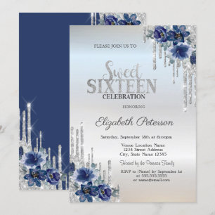 Invitación Destellos de Plata Goteo Flores Azules Dulces 16 d