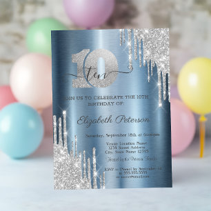 Invitación Destellos de Plata Goteo Metálico Azul Cumpleaños