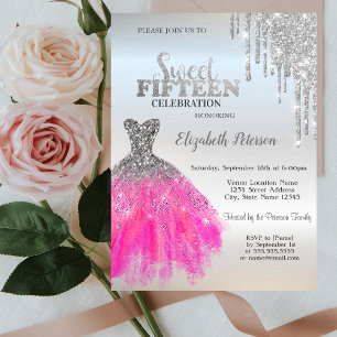 Invitación Destellos de Plata que Caen, Adorable Vestido Quin
