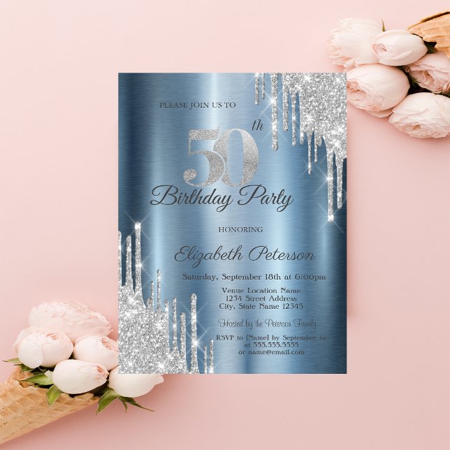 Invitación Destellos de Plata que Caen Azul Metálico Cumpleañ (Subido por el creador)