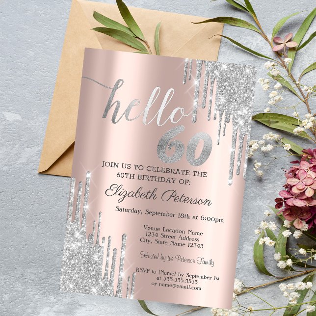 Invitación Destellos de Plata que Caen Rosa Dorado Cumpleaños (Subido por el creador)