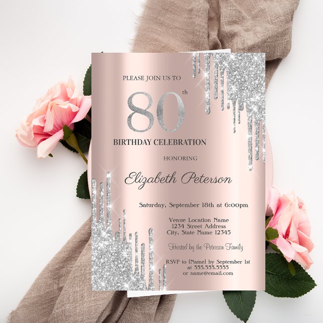 Invitación Destellos de Plata que Caen Rosa Dorado Cumpleaños (Subido por el creador)
