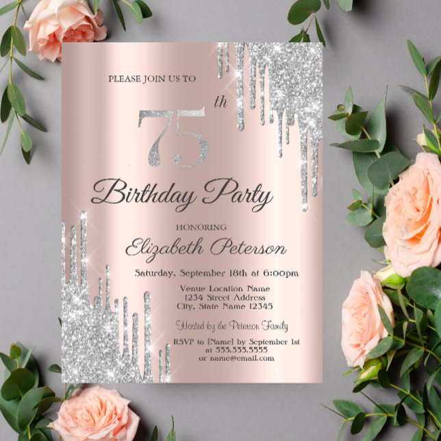 Invitación Destellos de Plata que Caen Rosa Dorado Cumpleaños (Subido por el creador)