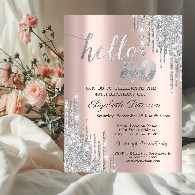 Invitación Destellos de Plata que Caen Rosa Dorado Cumpleaños (Subido por el creador)