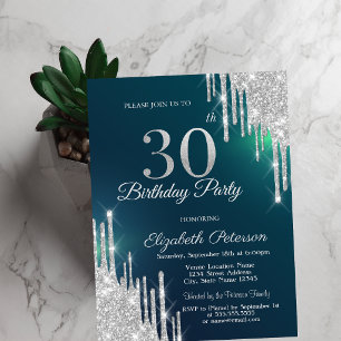 Invitación Destellos de Plata que Caen Verde Cumpleaños 30