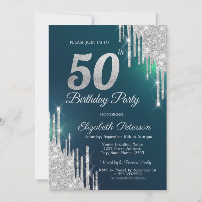 Invitación Destellos de Plata que Caen Verde Cumpleaños 50 (Anverso)