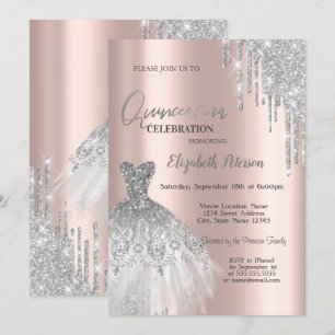 Invitación Destellos de Plata que Caen,Vestido Rosa Dorado Qu