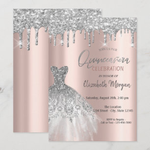 Invitación Destellos de Plata que Caen,Vestido Rosa Dorado Qu