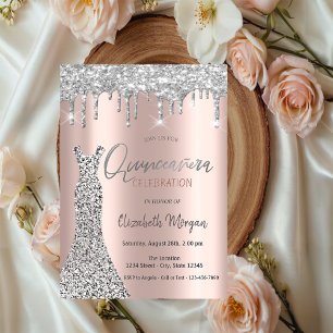 Invitación Destellos de Plata que Caen,Vestido Rosa Dorado Qu