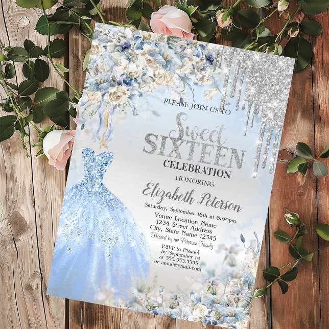 Invitación Destellos de plata que gotean, flores azules del v (Subido por el creador)