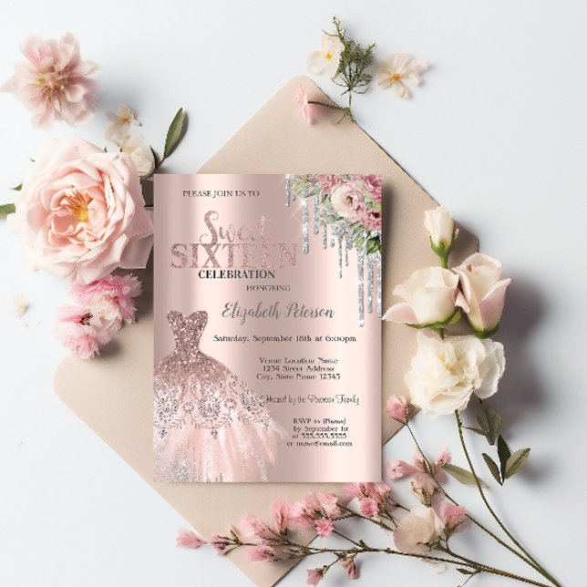 Invitación Destellos de plata que gotean, flores de vestido D (Subido por el creador)