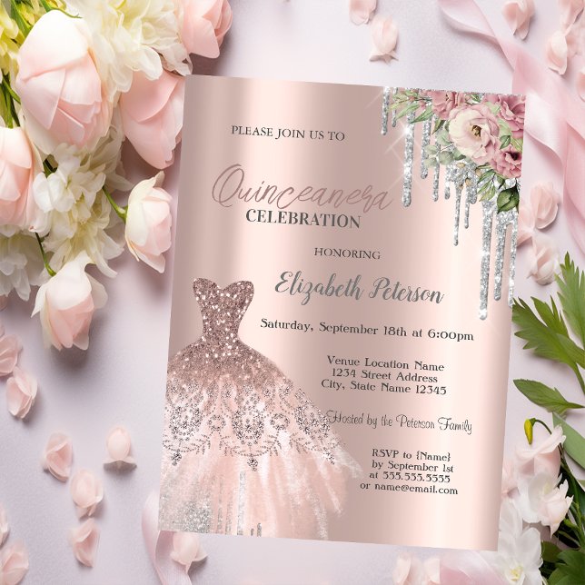 Invitación Destellos de plata que gotean, flores de vestido Q (Subido por el creador)