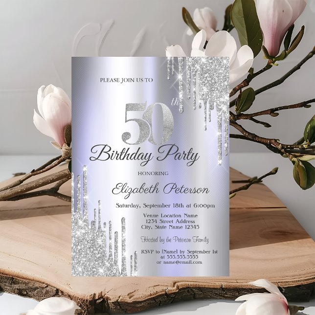 Invitación Destellos de plata que gotean lila Cumpleaños 50 (Subido por el creador)