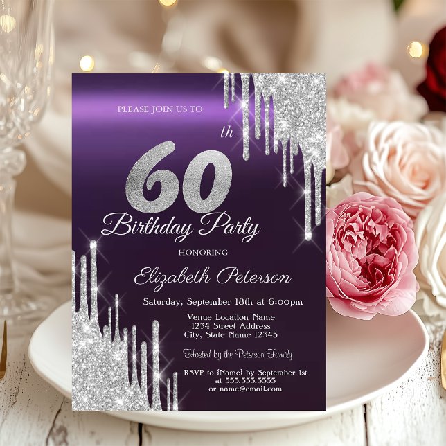 Invitación Destellos de plata que gotean morado oscuro Cumple (Subido por el creador)