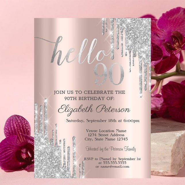 Invitación Destellos de plata que gotean rosa dorado Cumpleañ (Subido por el creador)