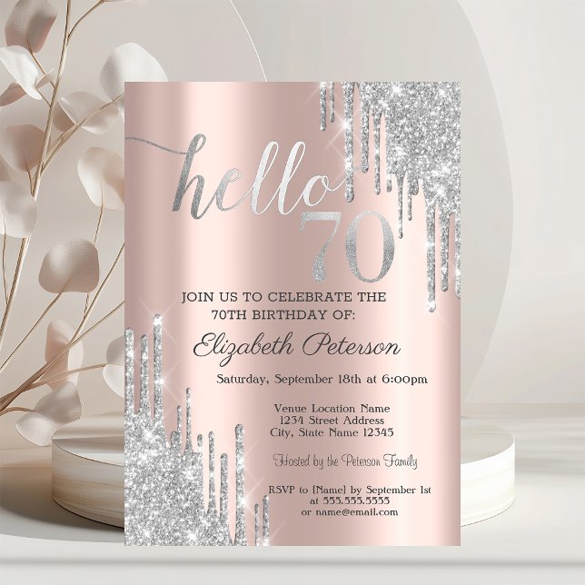 Invitación Destellos de plata que gotean rosa dorado Cumpleañ (Subido por el creador)