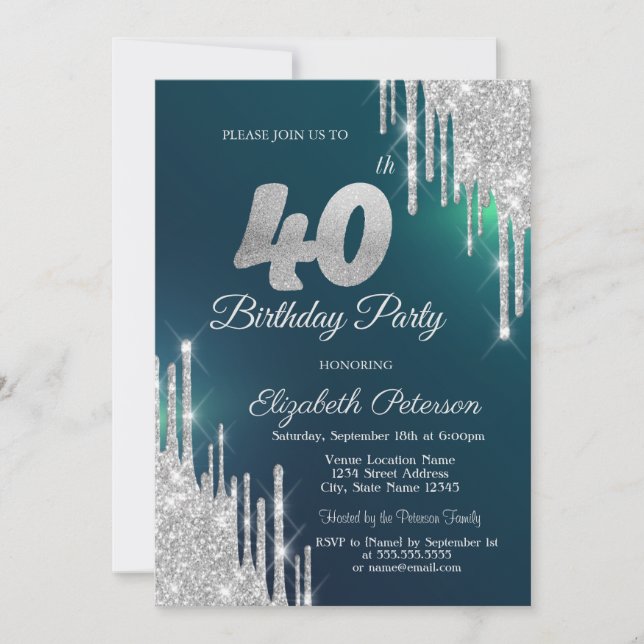 Invitación Destellos de plata que gotean verde Cumpleaños 40 (Anverso)