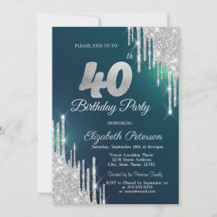 Invitación Destellos de plata que gotean verde Cumpleaños 40