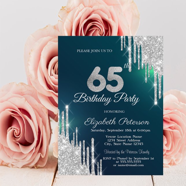 Invitación Destellos de plata que gotean verde Cumpleaños 65 (Subido por el creador)