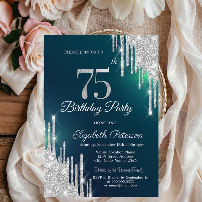 Invitación Destellos de plata que gotean verde Cumpleaños 75 (Subido por el creador)