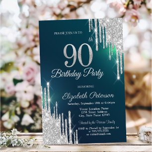 Invitación Destellos de plata que gotean verde Cumpleaños 90