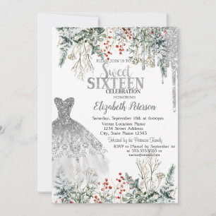 Invitación Destellos de plata que gotean, vestido de flores d
